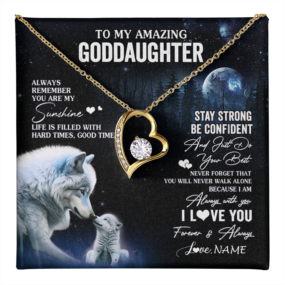 Forever Love Necklace 18K Yellow Gold Finish | 1 | Personalized To My Goddaughter Necklace From Aunt Uncle Moon Wolf Goddaughter Birthday Gifts Jewelry Graduation Christmas Customized Gift Box Message Card | teecentury
