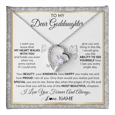 Forever Love Necklace 14K White Gold Finish | 1 | Personalized To My Goddaughter Necklace From Aunt Uncle My Heart Walks With You Goddaughter Birthday Gifts Jewelry Christmas Customized Gift Box Message Card | teecentury