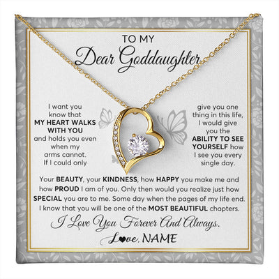 Forever Love Necklace 18K Yellow Gold Finish | 1 | Personalized To My Goddaughter Necklace From Aunt Uncle My Heart Walks With You Goddaughter Birthday Gifts Jewelry Christmas Customized Gift Box Message Card | teecentury