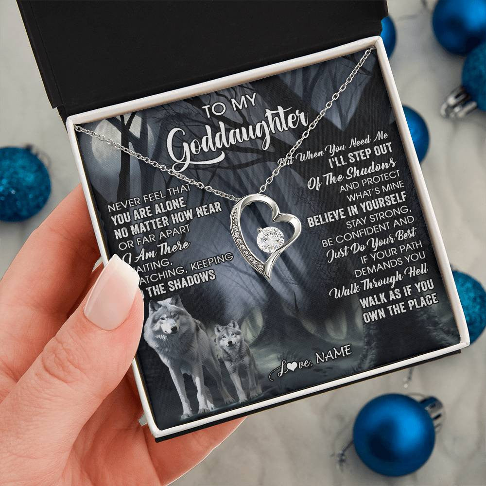 Forever Love Necklace 14K White Gold Finish | 2 | Personalized To My Goddaughter Necklace From Aunt Uncle Never Feel That You Are Alone Wolf Birthday Gifts Jewelry Christmas Customized Gift Box Message Card | teecentury