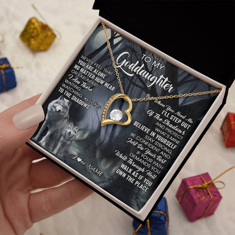 Forever Love Necklace 18K Yellow Gold Finish | 2 | Personalized To My Goddaughter Necklace From Aunt Uncle Never Feel That You Are Alone Wolf Birthday Gifts Jewelry Christmas Customized Gift Box Message Card | teecentury