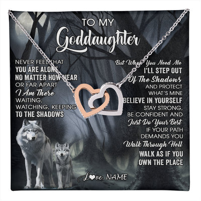 Interlocking Hearts Necklace Stainless Steel & Rose Gold Finish | 1 | Personalized To My Goddaughter Necklace From Aunt Uncle Never Feel That You Are Alone Wolf Birthday Gifts Jewelry Christmas Customized Gift Box Message Card | teecentury