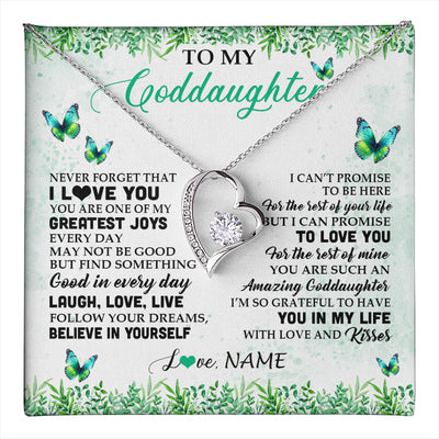 Forever Love Necklace 14K White Gold Finish | 1 | Personalized To My Goddaughter Necklace From Godfather Aunt Butterfly Laugh Love Live Birthday Motivational Quote Christmas Customized Gift Box Message Card | teecentury