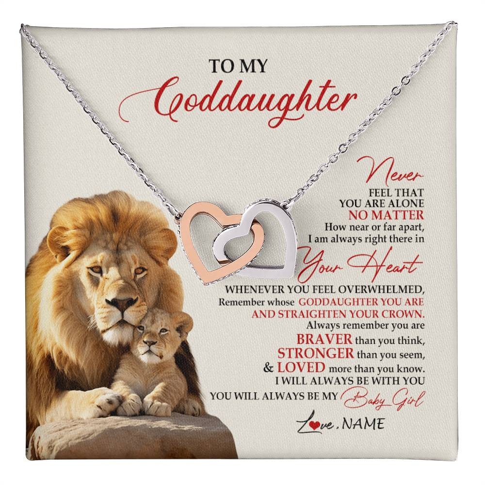 Interlocking Hearts Necklace Stainless Steel & Rose Gold Finish | 1 | Personalized To My Goddaughter Necklace From Godfather Aunt Never Feel You Are Alone Lion Goddaughter Birthday Graduation Christmas Customized Message Card | teecentury