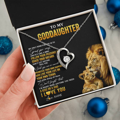 Forever Love Necklace 14K White Gold Finish | 2 | Personalized To My Goddaughter Necklace From Godfather Lion My Only Wish For You Goddaughter Birthday Graduation Christmas Customized Gift Box Message Card | teecentury