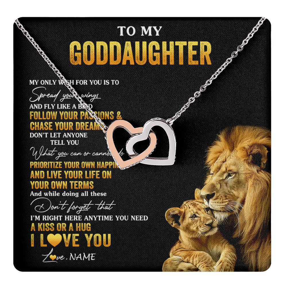 Interlocking Hearts Necklace Stainless Steel & Rose Gold Finish | 1 | Personalized To My Goddaughter Necklace From Godfather Lion My Only Wish For You Goddaughter Birthday Graduation Christmas Customized Gift Box Message Card | teecentury