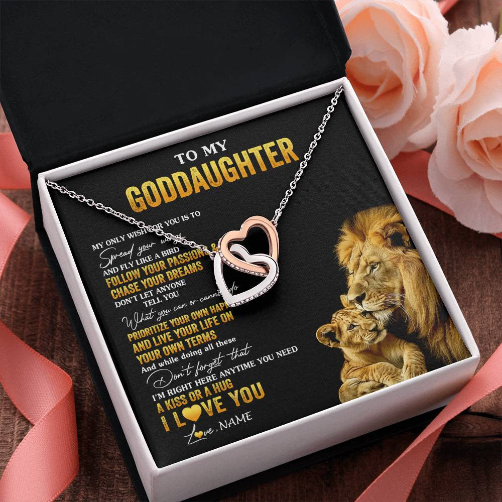 Interlocking Hearts Necklace Stainless Steel & Rose Gold Finish | 2 | Personalized To My Goddaughter Necklace From Godfather Lion My Only Wish For You Goddaughter Birthday Graduation Christmas Customized Gift Box Message Card | teecentury