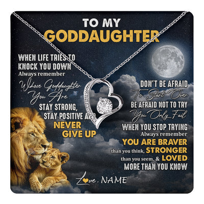 Forever Love Necklace 14K White Gold Finish | 1 | Personalized To My Goddaughter Necklace From Godfather Lion Never Give Up Goddaughter Birthday Graduation Christmas Jewelry Customized Gift Box Message Card | teecentury