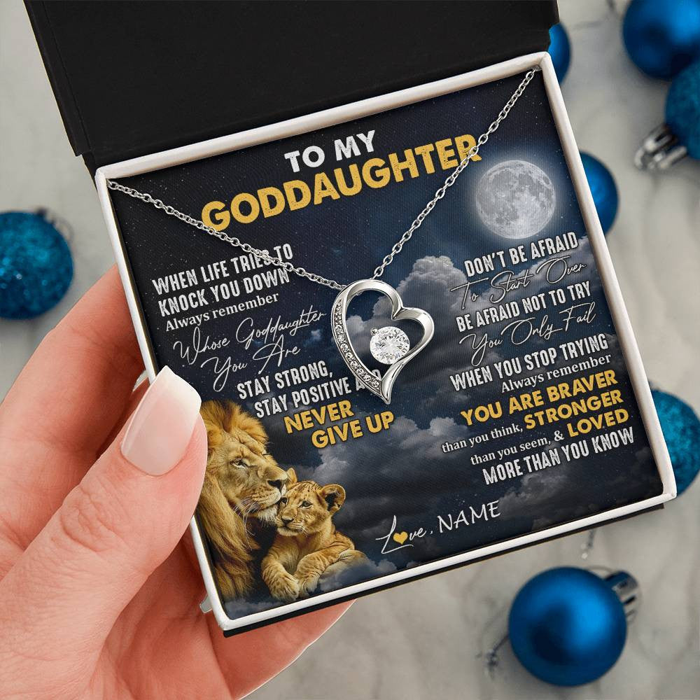 Forever Love Necklace 14K White Gold Finish | 2 | Personalized To My Goddaughter Necklace From Godfather Lion Never Give Up Goddaughter Birthday Graduation Christmas Jewelry Customized Gift Box Message Card | teecentury