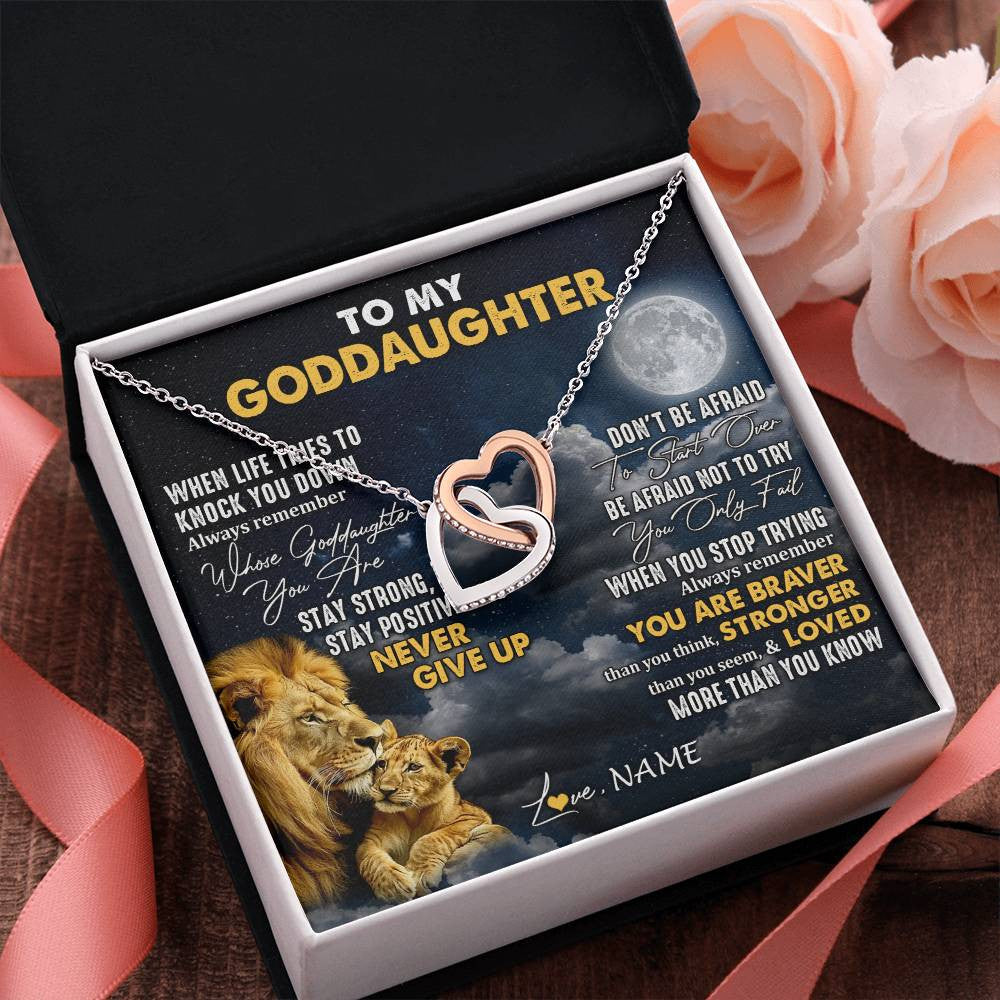 Interlocking Hearts Necklace Stainless Steel & Rose Gold Finish | 2 | Personalized To My Goddaughter Necklace From Godfather Lion Never Give Up Goddaughter Birthday Graduation Christmas Jewelry Customized Gift Box Message Card | teecentury
