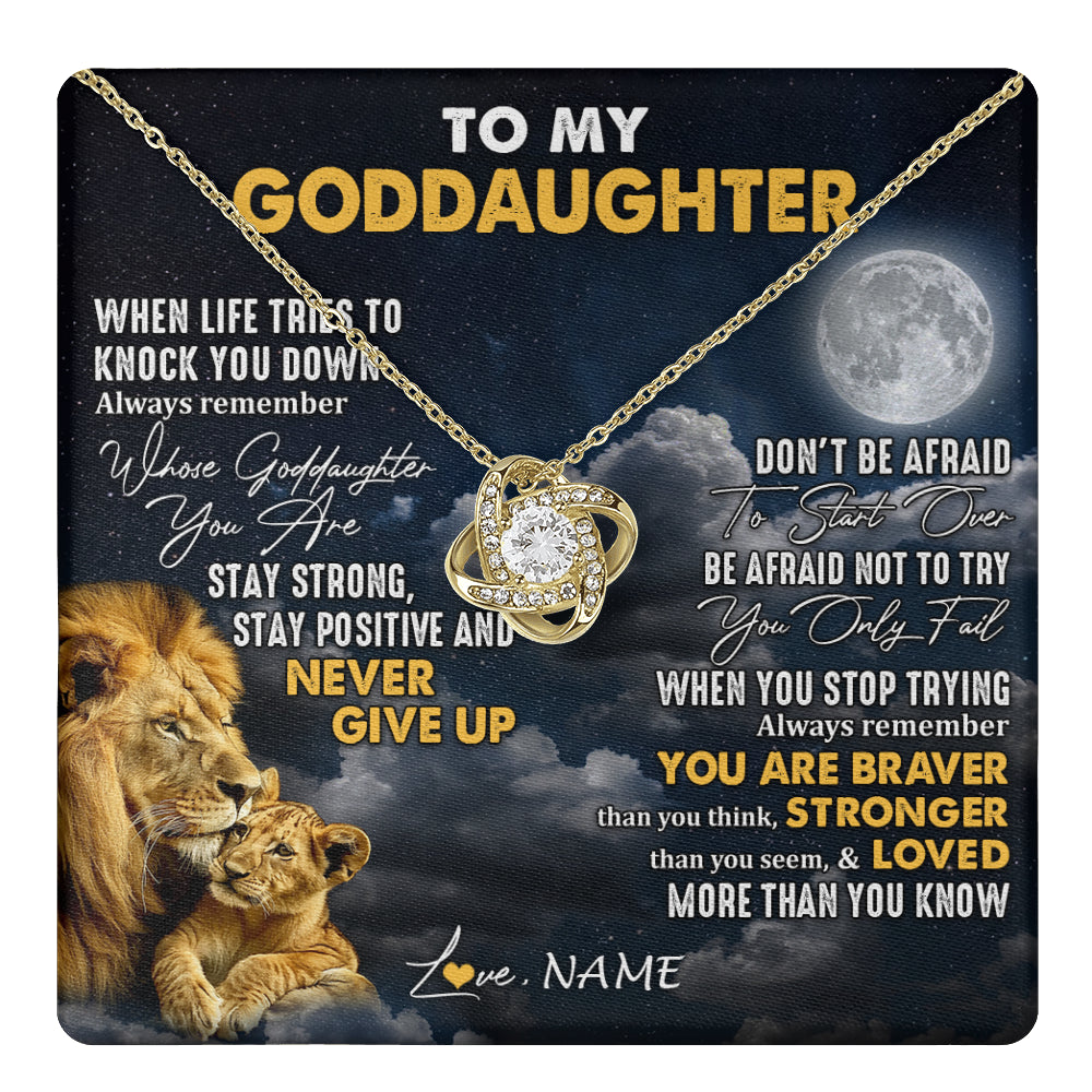 Love Knot Necklace 18K Yellow Gold Finish | 1 | Personalized To My Goddaughter Necklace From Godfather Lion Never Give Up Goddaughter Birthday Graduation Christmas Jewelry Customized Gift Box Message Card | teecentury