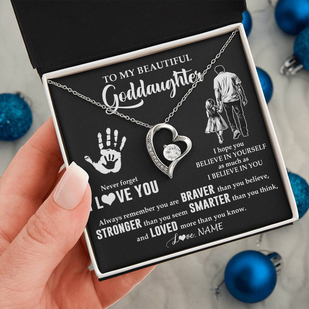Forever Love Necklace 14K White Gold Finish | 2 | Personalized To My Goddaughter Necklace From Godfather Never Forget I Love You Goddaughter Birthday Christmas Graduation Customized Gift Box Message Card | teecentury