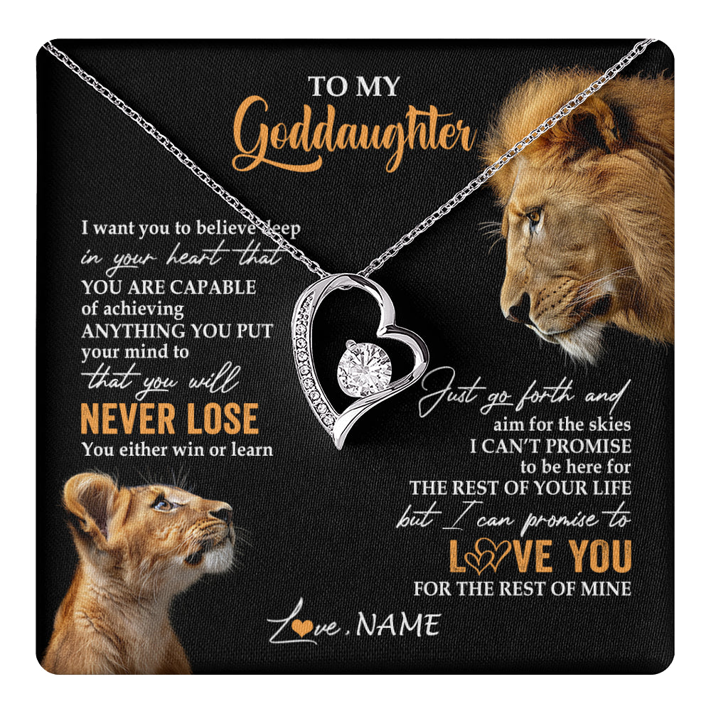 Forever Love Necklace 14K White Gold Finish | 1 | Personalized To My Goddaughter Necklace From Godfather Uncle You Will Never Lose Lion Goddaughter Birthday Gifts Graduation Christmas Gift Box Message Card | teecentury