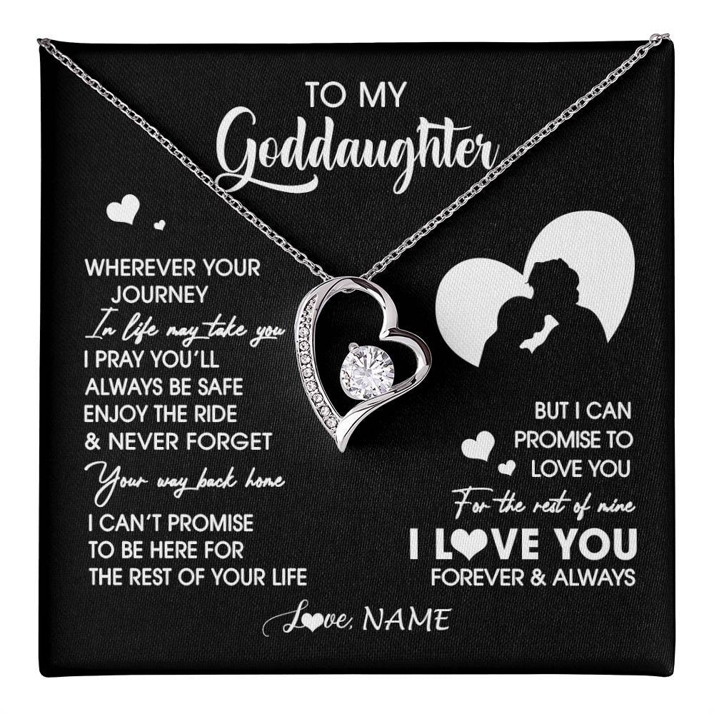 Forever Love Necklace 14K White Gold Finish | 1 | Personalized To My Goddaughter Necklace From Godfather Wherever Your Journey Goddaughter Birthday Gifts Graduation Christmas Customized Gift Box Message Card | teecentury