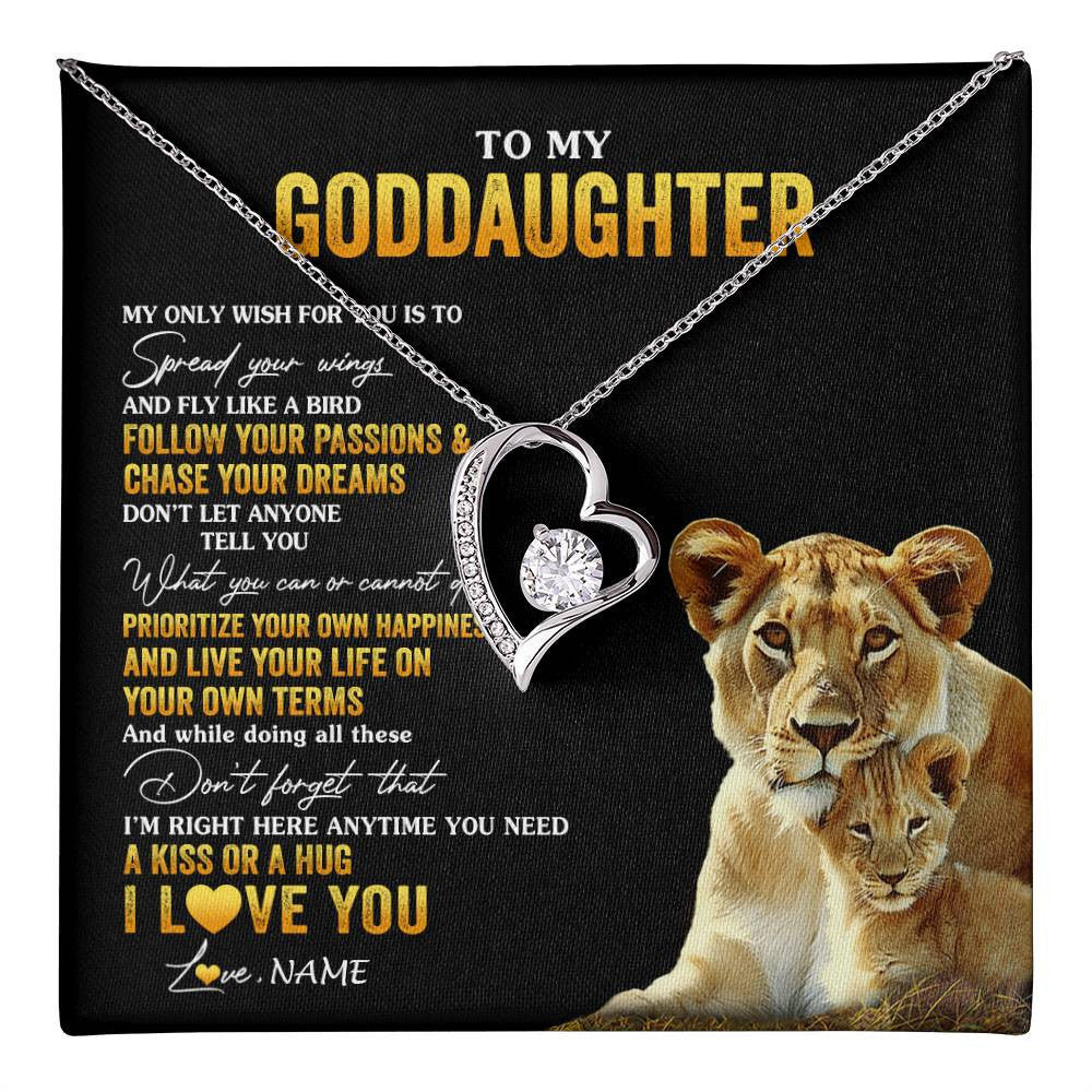 Forever Love Necklace 14K White Gold Finish | 1 | Personalized To My Goddaughter Necklace From Godmother Aunt Lion My Only Wish For You Goddaughter Birthday Christmas Customized Gift Box Message Card | teecentury