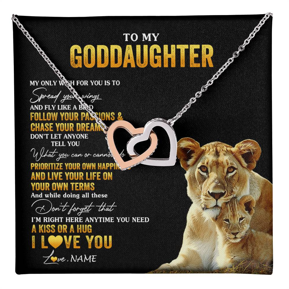 Interlocking Hearts Necklace Stainless Steel & Rose Gold Finish | 1 | Personalized To My Goddaughter Necklace From Godmother Aunt Lion My Only Wish For You Goddaughter Birthday Christmas Customized Gift Box Message Card | teecentury