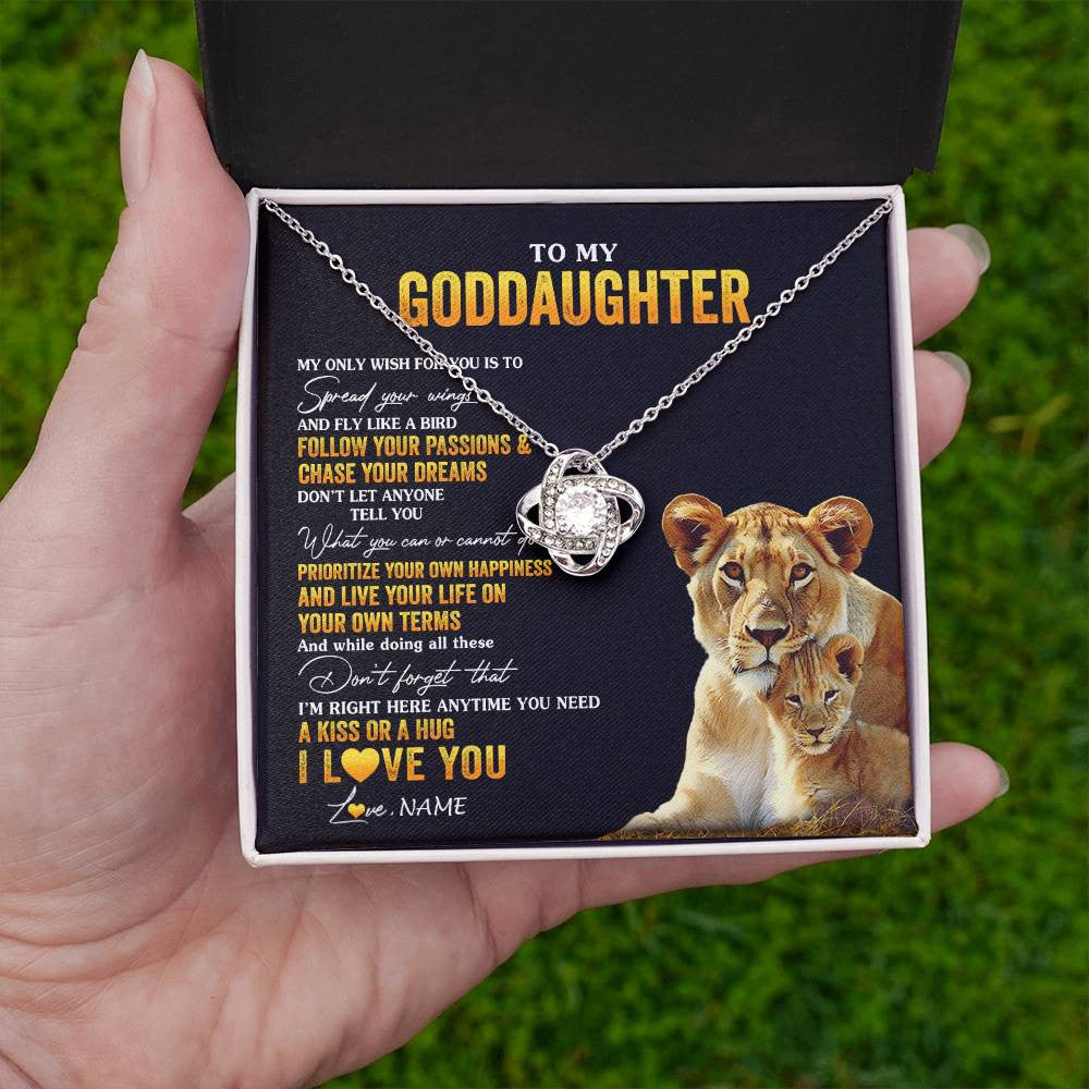 Love Knot Necklace 14K White Gold Finish | 2 | Personalized To My Goddaughter Necklace From Godmother Aunt Lion My Only Wish For You Goddaughter Birthday Christmas Customized Gift Box Message Card | teecentury