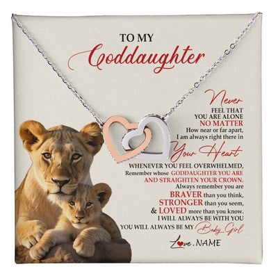 Interlocking Hearts Necklace Stainless Steel & Rose Gold Finish | 1 | Personalized To My Goddaughter Necklace From Godmother Aunt Never Feel You Are Alone Lion Goddaughter Birthday Graduation Christmas Customized Message Card | teecentury