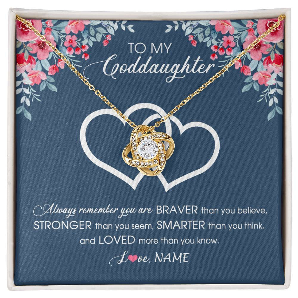 Love Knot Necklace 18K Yellow Gold Finish | Personalized To My Goddaughter Necklace From Godmother Braver Stronger Smarter Loved Goddaughter Jewelry Birthday Graduation Christmas Customized Message Card | teecentury