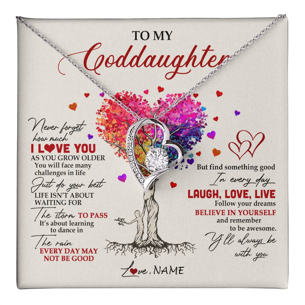 Forever Love Necklace 14K White Gold Finish | 1 | Personalized To My Goddaughter Necklace From Godmother Colorful Tree Never Forget I Love You Goddaughter Birthday Christmas Customized Gift Box Message Card | teecentury