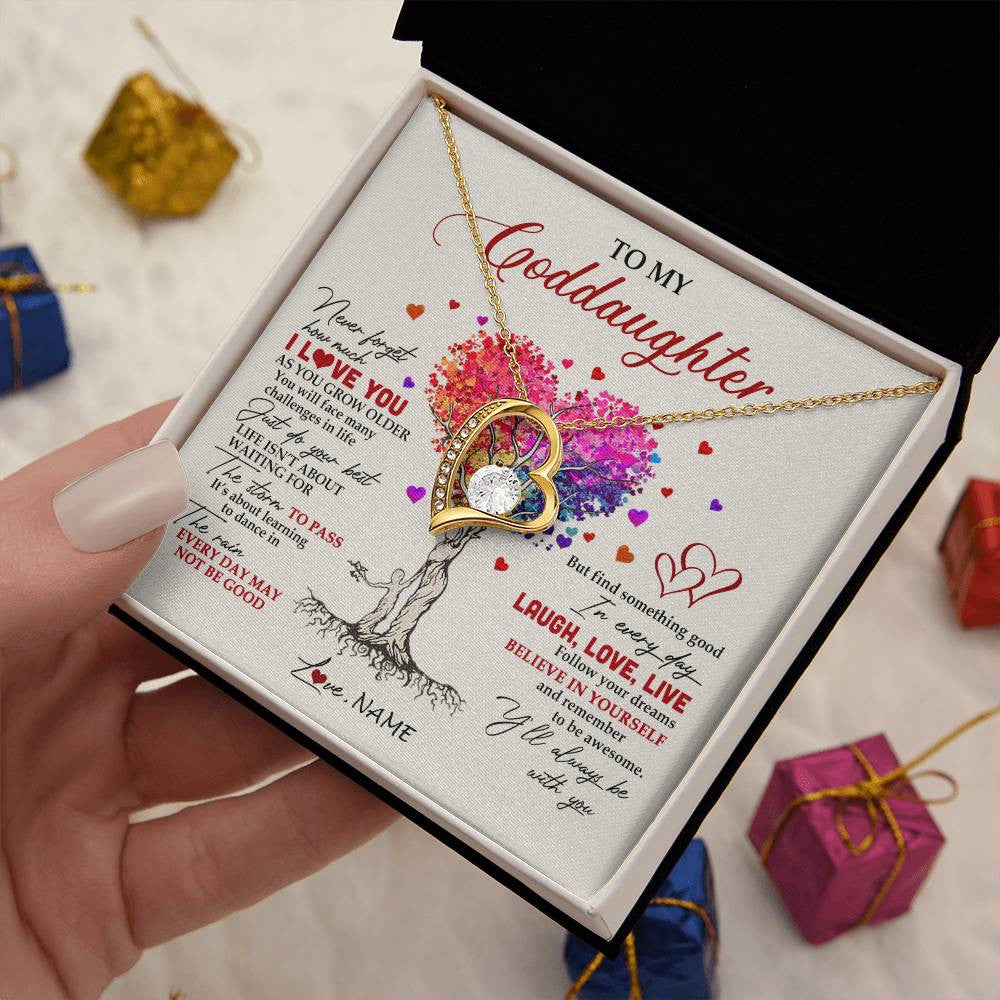 Forever Love Necklace 18K Yellow Gold Finish | 2 | Personalized To My Goddaughter Necklace From Godmother Colorful Tree Never Forget I Love You Goddaughter Birthday Christmas Customized Gift Box Message Card | teecentury