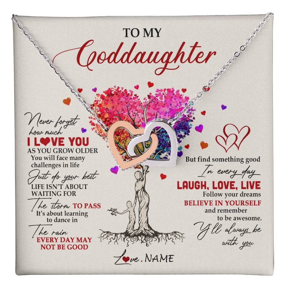 Interlocking Hearts Necklace Stainless Steel & Rose Gold Finish | 1 | Personalized To My Goddaughter Necklace From Godmother Colorful Tree Never Forget I Love You Goddaughter Birthday Christmas Customized Gift Box Message Card | teecentury