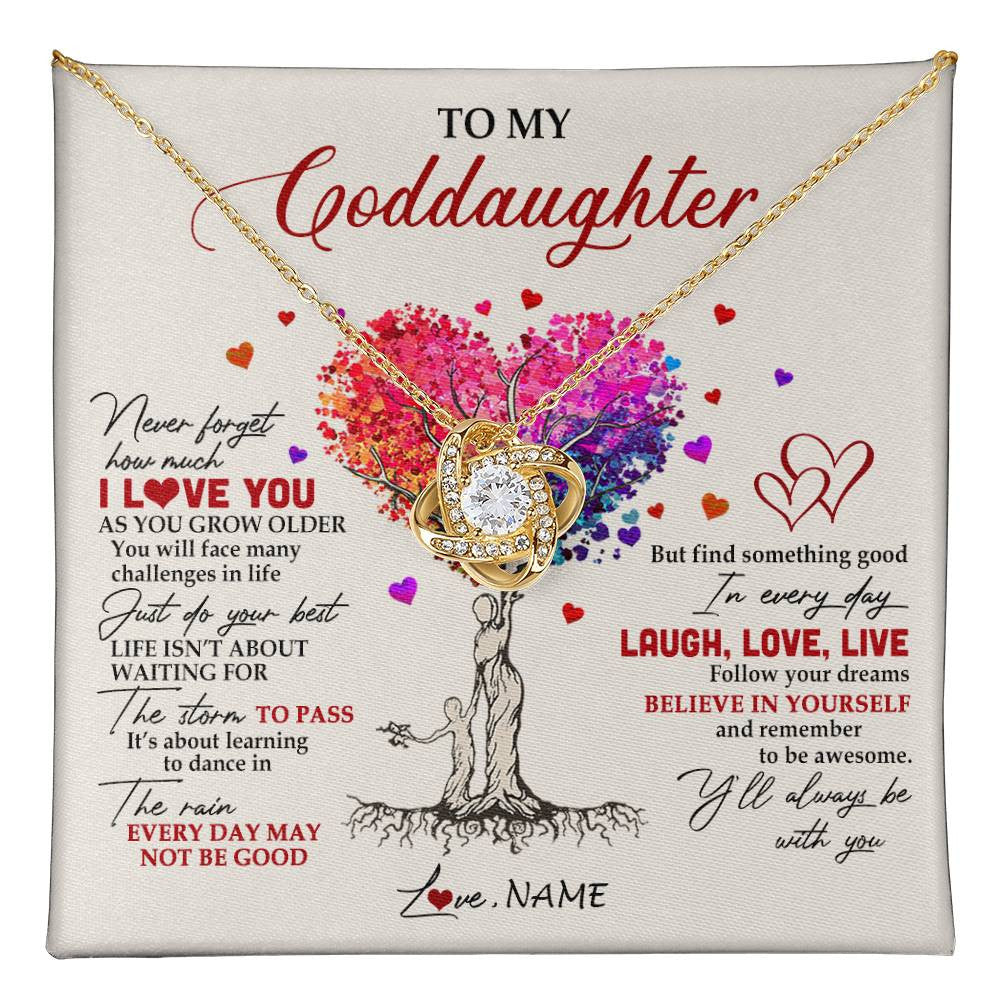 Love Knot Necklace 18K Yellow Gold Finish | 1 | Personalized To My Goddaughter Necklace From Godmother Colorful Tree Never Forget I Love You Goddaughter Birthday Christmas Customized Gift Box Message Card | teecentury