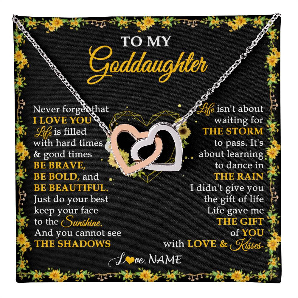 Interlocking Hearts Necklace Stainless Steel & Rose Gold Finish | 1 | Personalized To My Goddaughter Necklace From Godmother Godfather I Love You Sunflower Goddaughter Birthday Jewelry Christmas Customized Gift Box Message Card | teecentury