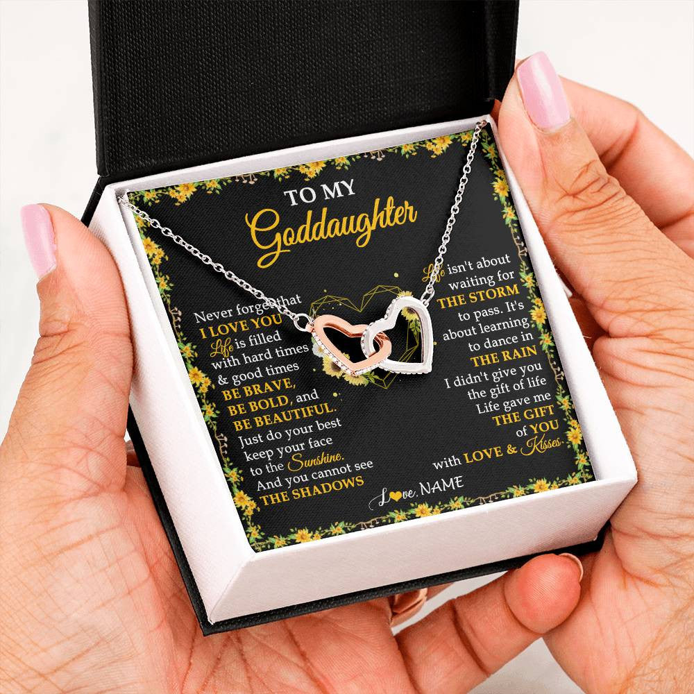 Interlocking Hearts Necklace Stainless Steel & Rose Gold Finish | 2 | Personalized To My Goddaughter Necklace From Godmother Godfather I Love You Sunflower Goddaughter Birthday Jewelry Christmas Customized Gift Box Message Card | teecentury