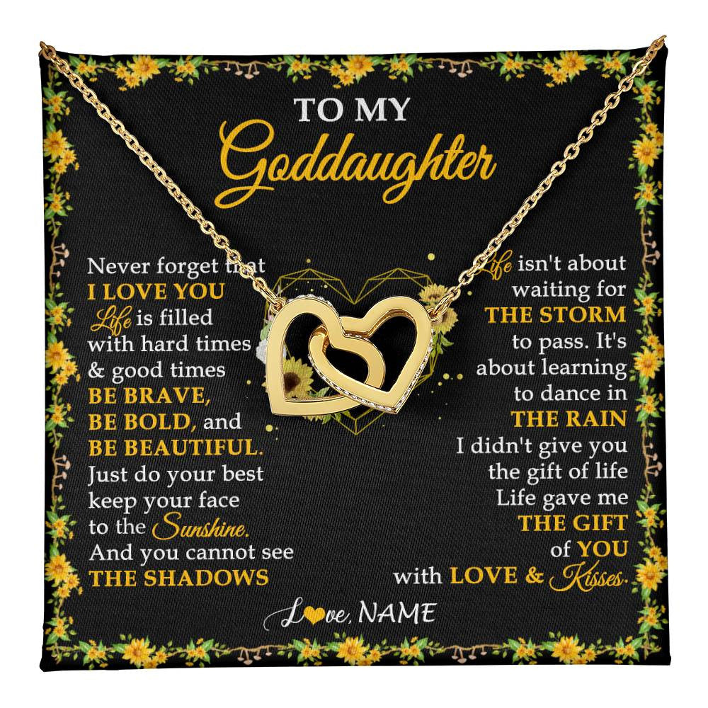 Interlocking Hearts Necklace 18K Yellow Gold Finish | 1 | Personalized To My Goddaughter Necklace From Godmother Godfather I Love You Sunflower Goddaughter Birthday Jewelry Christmas Customized Gift Box Message Card | teecentury