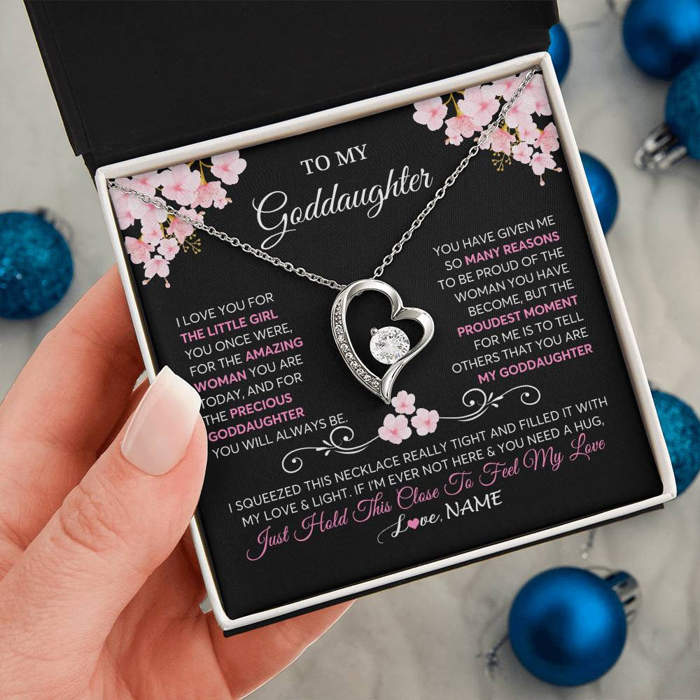 Forever Love Necklace 14K White Gold Finish | 2 | Personalized To My Goddaughter Necklace From Godmother Godfather Love You Little Girl Goddaughter Birthday Jewelry Christmas Customized Gift Box Message Card | teecentury