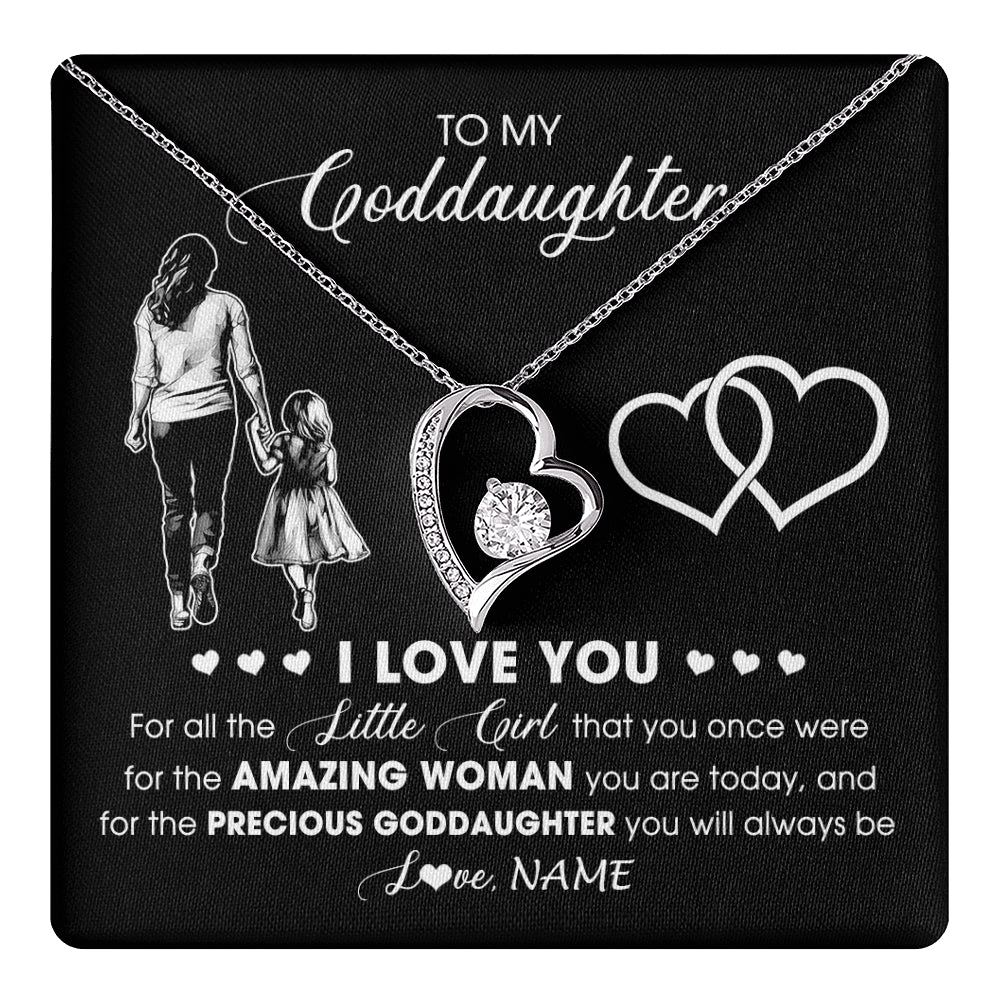 Forever Love Necklace 14K White Gold Finish | 1 | Personalized To My Goddaughter Necklace From Godmother I Love You Little Girl Goddaughter Birthday Christmas Jewelry Customized Gift Box Message Card | teecentury
