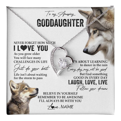 Forever Love Necklace 14K White Gold Finish | 1 | Personalized To My Goddaughter Necklace From Godmother Just Do You Best Laugh Love Live Wolf Goddaughter Birthday Christmas Customized Gift Box Message Card | teecentury