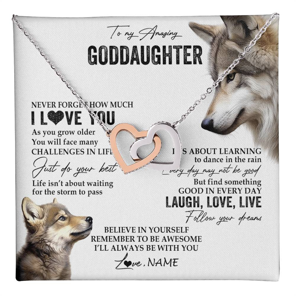 Interlocking Hearts Necklace Stainless Steel & Rose Gold Finish | 1 | Personalized To My Goddaughter Necklace From Godmother Just Do You Best Laugh Love Live Wolf Goddaughter Birthday Christmas Customized Gift Box Message Card | teecentury
