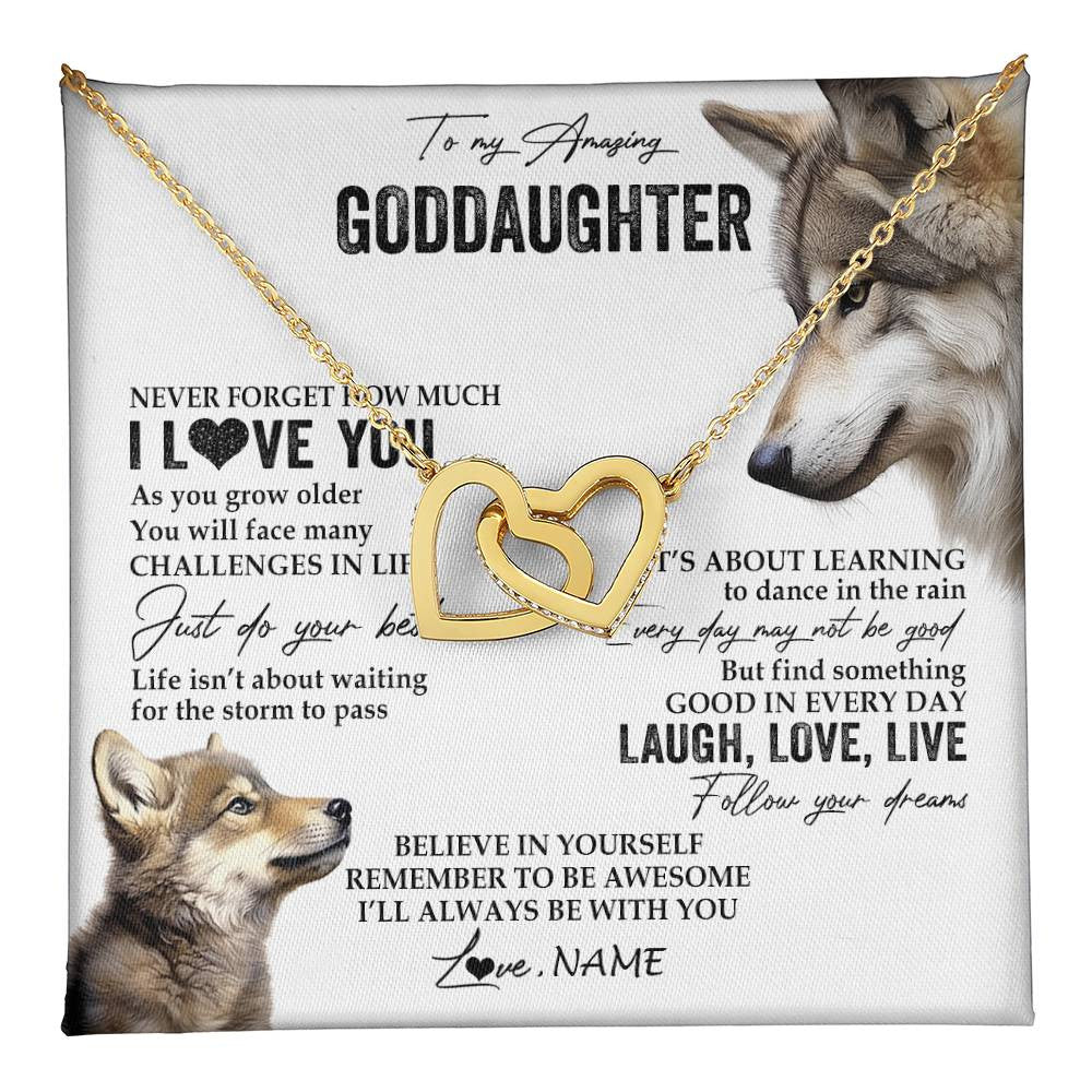 Interlocking Hearts Necklace 18K Yellow Gold Finish | 1 | Personalized To My Goddaughter Necklace From Godmother Just Do You Best Laugh Love Live Wolf Goddaughter Birthday Christmas Customized Gift Box Message Card | teecentury