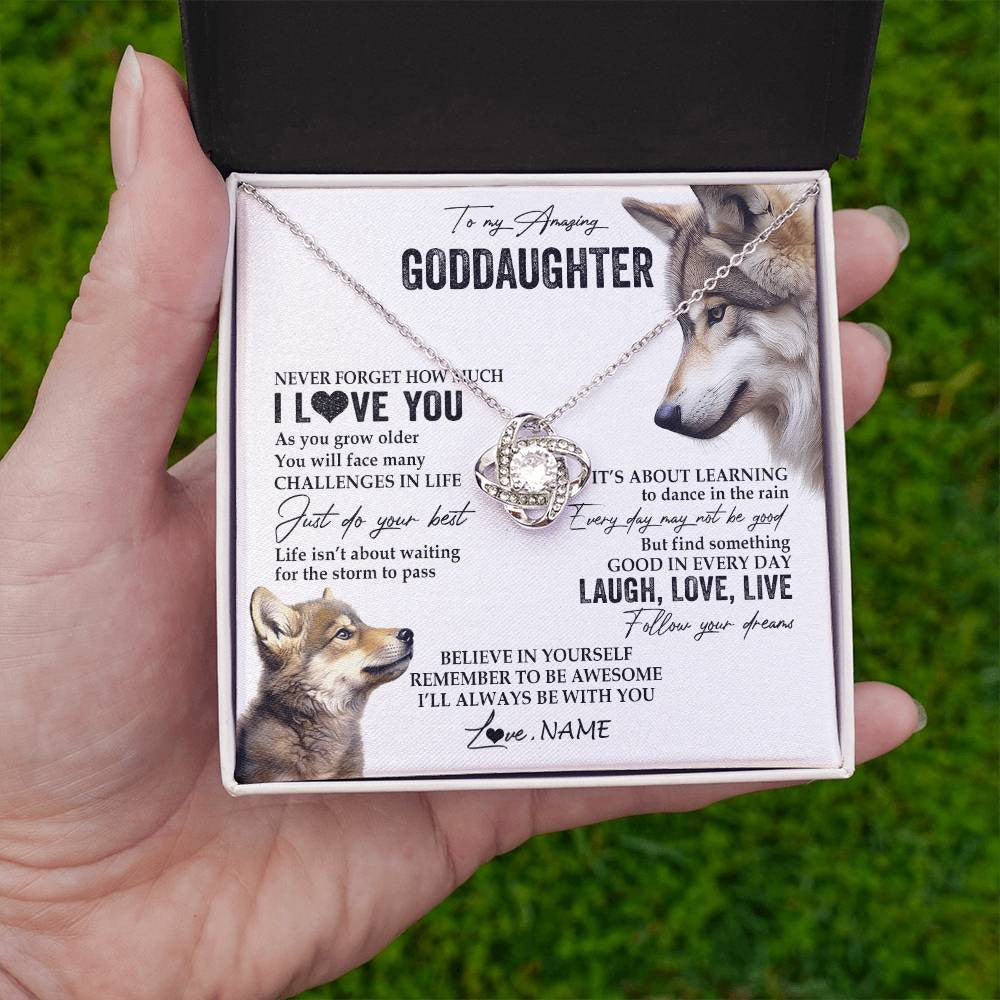 Love Knot Necklace 14K White Gold Finish | 2 | Personalized To My Goddaughter Necklace From Godmother Just Do You Best Laugh Love Live Wolf Goddaughter Birthday Christmas Customized Gift Box Message Card | teecentury