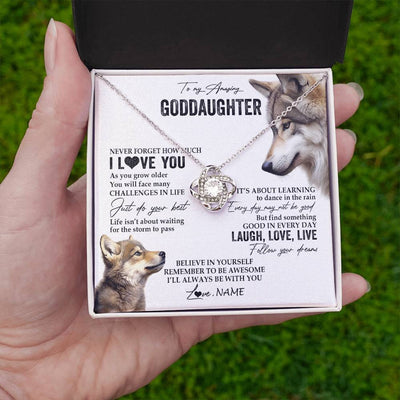 Love Knot Necklace 14K White Gold Finish | 2 | Personalized To My Goddaughter Necklace From Godmother Just Do You Best Laugh Love Live Wolf Goddaughter Birthday Christmas Customized Gift Box Message Card | teecentury