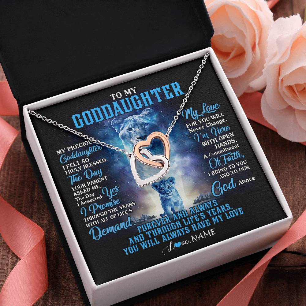 Interlocking Hearts Necklace Stainless Steel & Rose Gold Finish | 2 | Personalized To My Goddaughter Necklace From Godmother Lion My Precious Goddaughter Birthday Graduation Christmas Customized Gift Box Message Card | teecentury