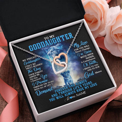 Interlocking Hearts Necklace Stainless Steel & Rose Gold Finish | 2 | Personalized To My Goddaughter Necklace From Godmother Lion My Precious Goddaughter Birthday Graduation Christmas Customized Gift Box Message Card | teecentury