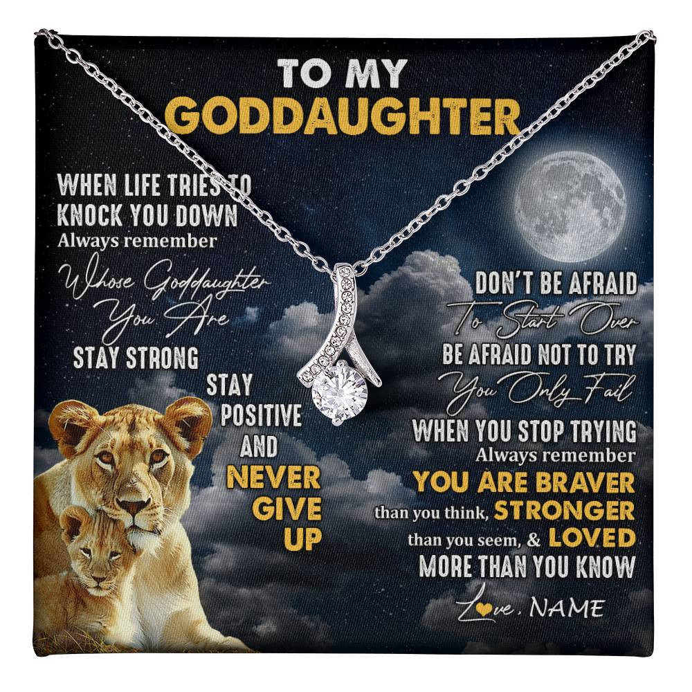 Alluring Beauty Necklace 14K White Gold Finish | 1 | Personalized To My Goddaughter Necklace From Godmother Lion Never Give Up Goddaughter Birthday Graduation Christmas Jewelry Customized Gift Box Message Card | teecentury