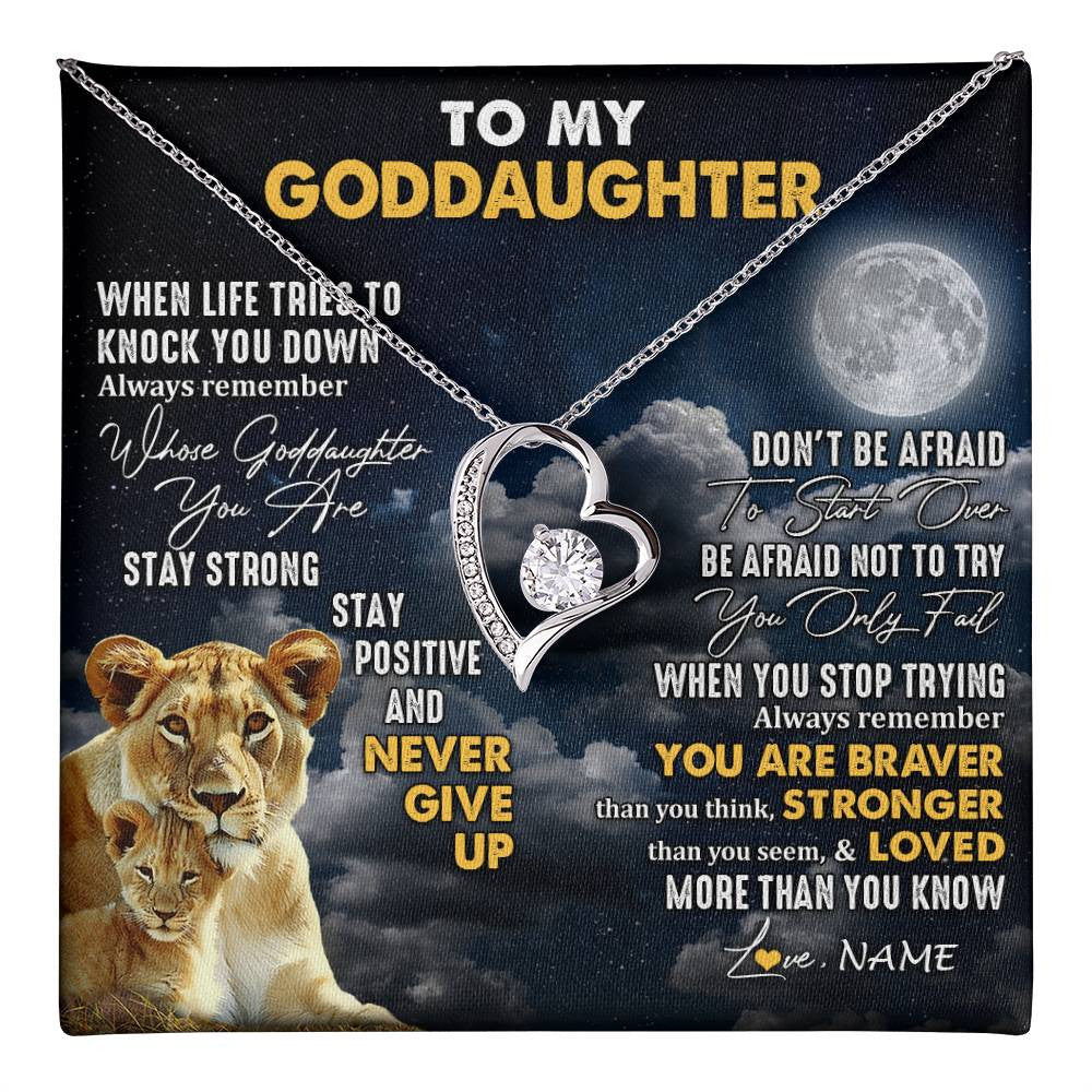 Forever Love Necklace 14K White Gold Finish | 1 | Personalized To My Goddaughter Necklace From Godmother Lion Never Give Up Goddaughter Birthday Graduation Christmas Jewelry Customized Gift Box Message Card | teecentury