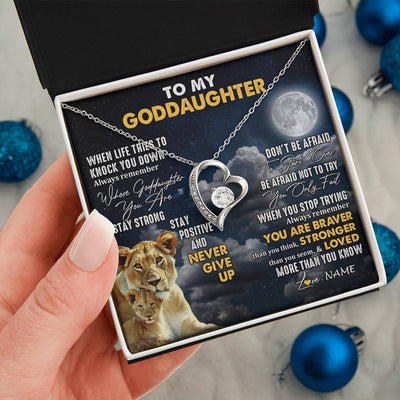 Forever Love Necklace 14K White Gold Finish | 2 | Personalized To My Goddaughter Necklace From Godmother Lion Never Give Up Goddaughter Birthday Graduation Christmas Jewelry Customized Gift Box Message Card | teecentury