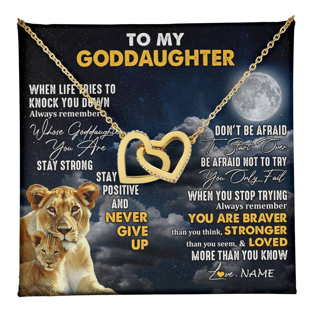 Interlocking Hearts Necklace 18K Yellow Gold Finish | 1 | Personalized To My Goddaughter Necklace From Godmother Lion Never Give Up Goddaughter Birthday Graduation Christmas Jewelry Customized Gift Box Message Card | teecentury