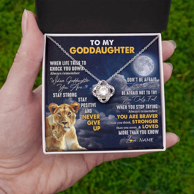 Love Knot Necklace 14K White Gold Finish | 2 | Personalized To My Goddaughter Necklace From Godmother Lion Never Give Up Goddaughter Birthday Graduation Christmas Jewelry Customized Gift Box Message Card | teecentury