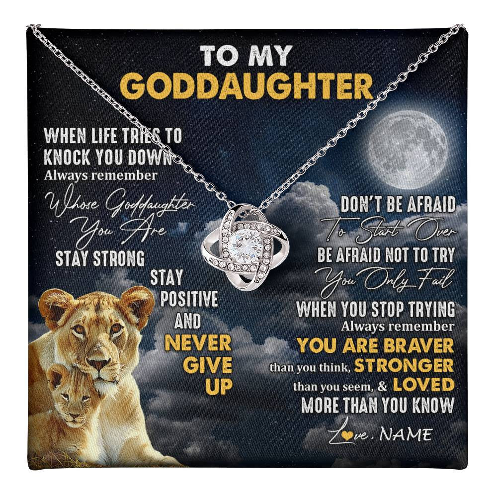 Love Knot Necklace 14K White Gold Finish | 1 | Personalized To My Goddaughter Necklace From Godmother Lion Never Give Up Goddaughter Birthday Graduation Christmas Jewelry Customized Gift Box Message Card | teecentury