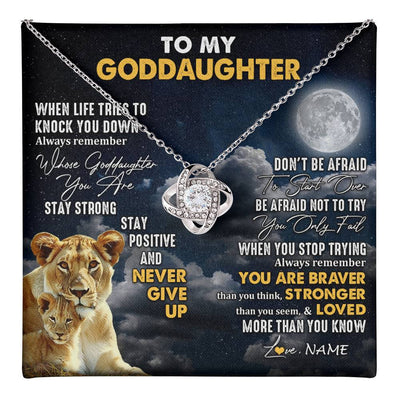 Love Knot Necklace 14K White Gold Finish | 1 | Personalized To My Goddaughter Necklace From Godmother Lion Never Give Up Goddaughter Birthday Graduation Christmas Jewelry Customized Gift Box Message Card | teecentury