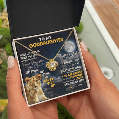 Love Knot Necklace 18K Yellow Gold Finish | 2 | Personalized To My Goddaughter Necklace From Godmother Lion Never Give Up Goddaughter Birthday Graduation Christmas Jewelry Customized Gift Box Message Card | teecentury