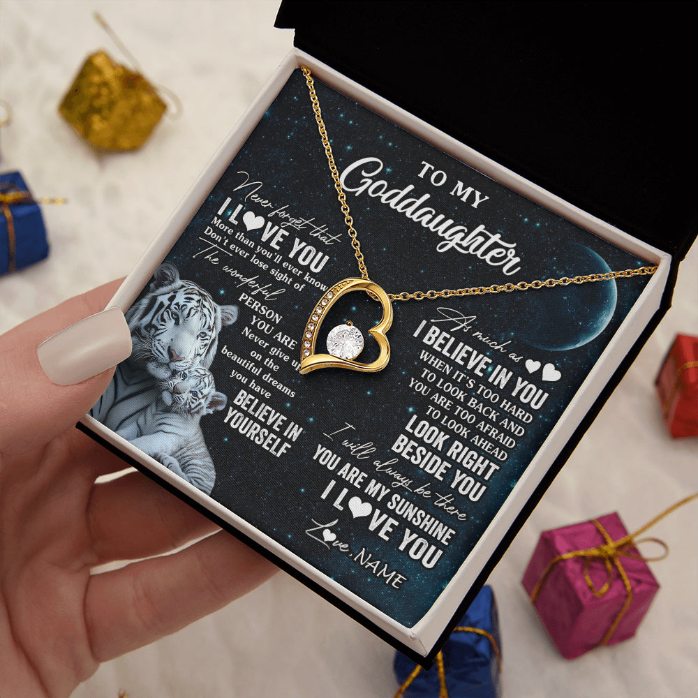 Forever Love Necklace 18K Yellow Gold Finish | 2 | Personalized To My Goddaughter Necklace From Godmother Never Forget I Love You White Tiger Goddaughter Birthday Christmas Customized Gift Box Message Card | teecentury