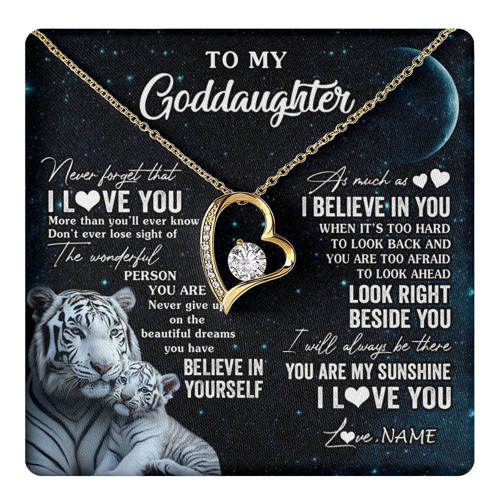 Forever Love Necklace 18K Yellow Gold Finish | 1 | Personalized To My Goddaughter Necklace From Godmother Never Forget I Love You White Tiger Goddaughter Birthday Christmas Customized Gift Box Message Card | teecentury