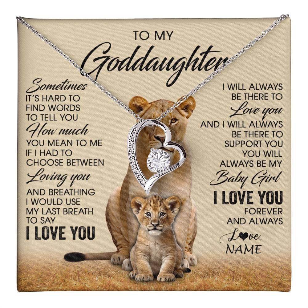 Forever Love Necklace 14K White Gold Finish | 1 | Personalized To My Goddaughter Necklace From Godmother Sometimes It's Hard Lion Goddaughter Gift Birthday Jewelry Christmas Customized Gift Box Message Card | teecentury